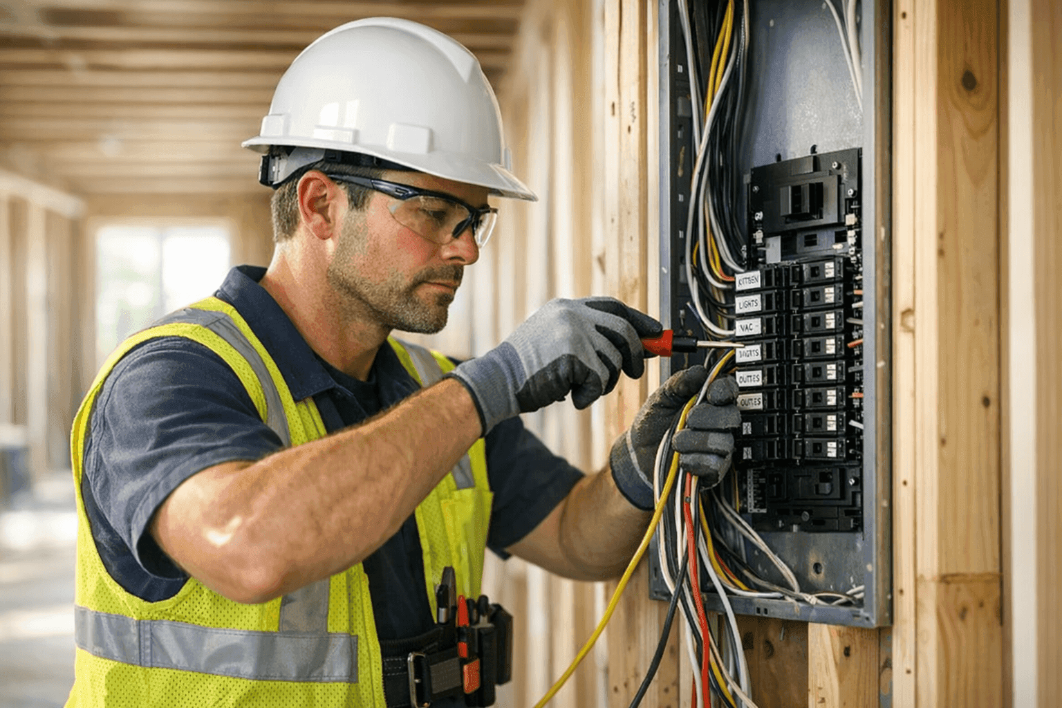 Electrician installing electrical system in new construction