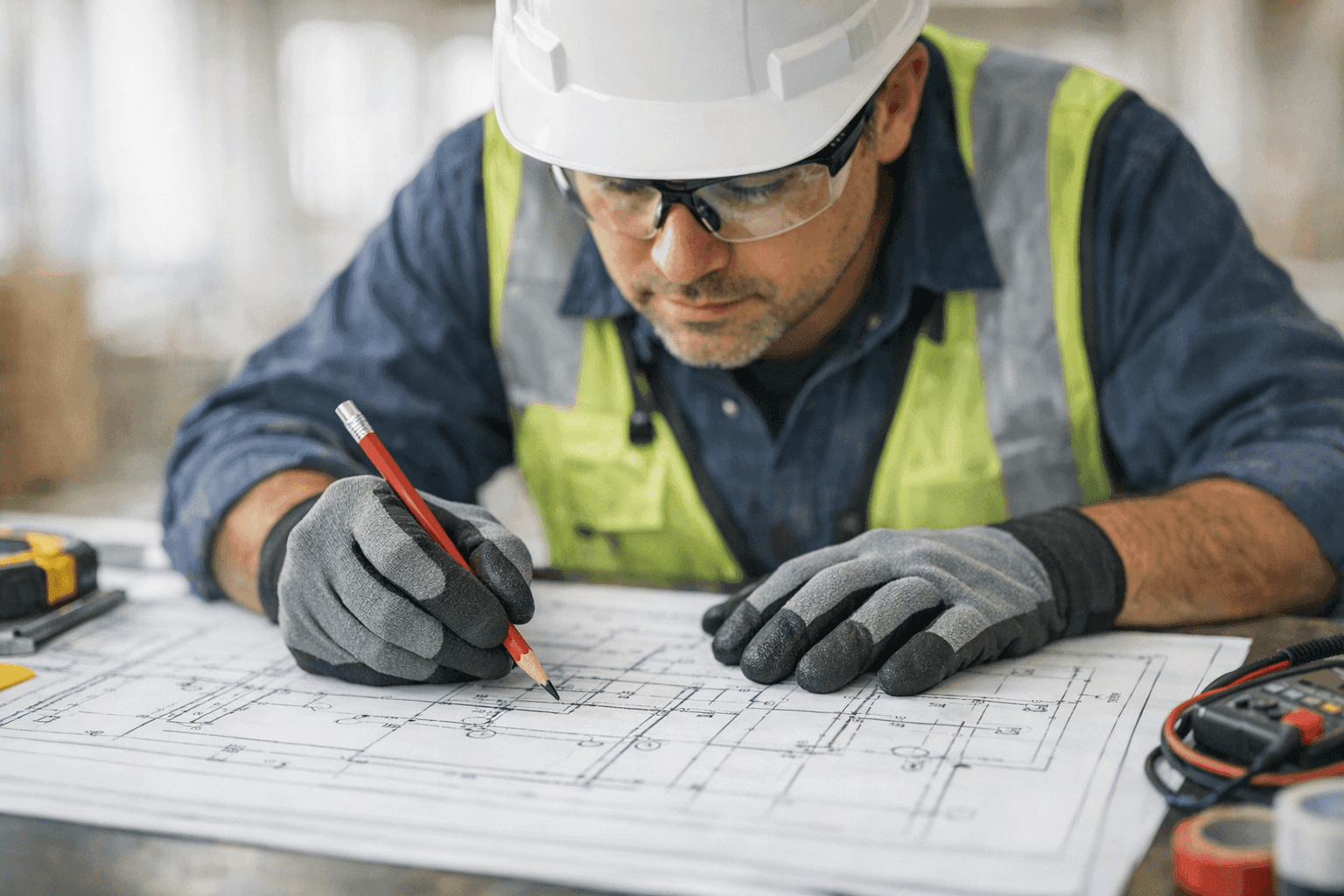 Electrician planning wiring and circuit layout on blueprint